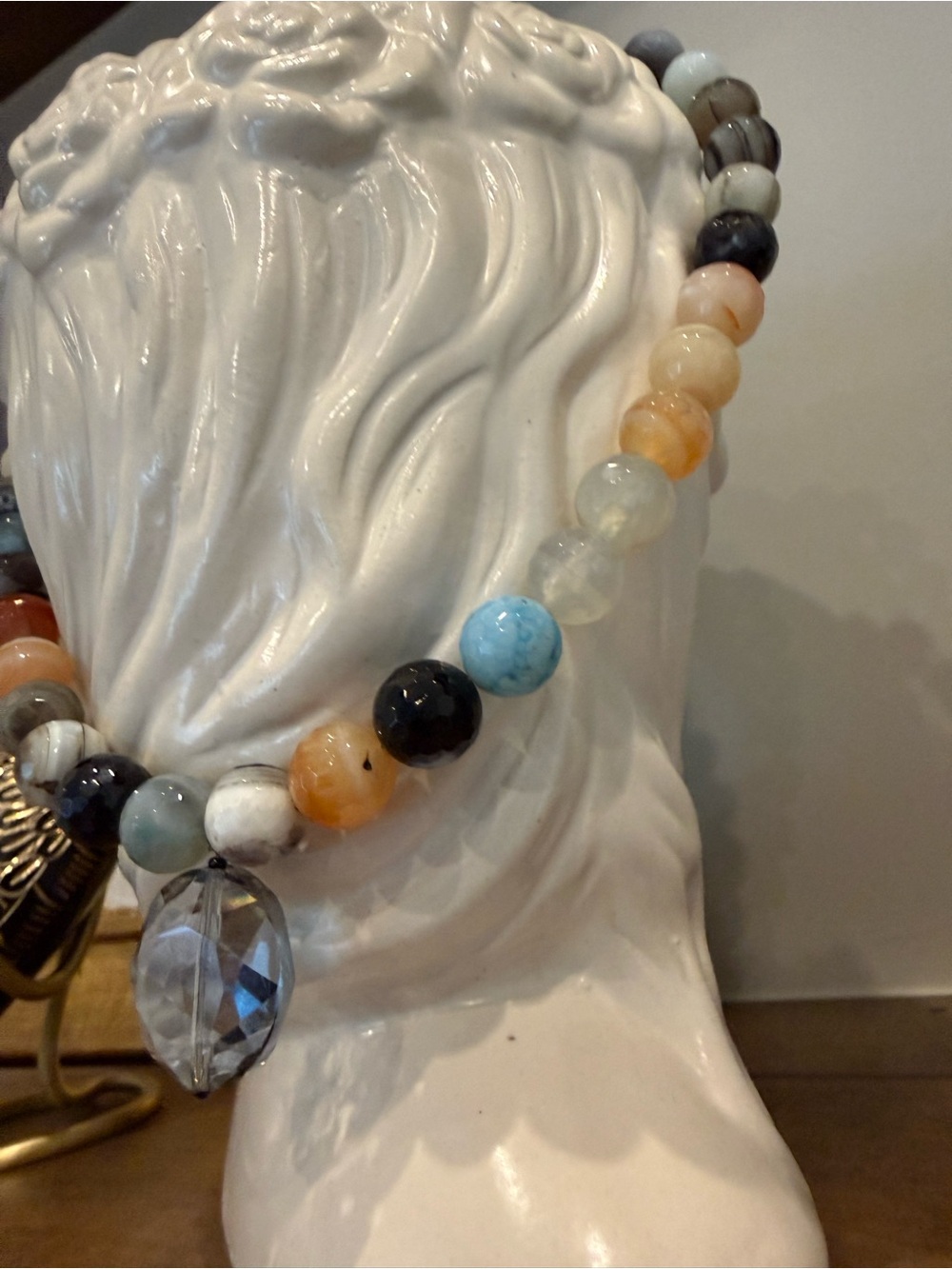 Multi-Color Beaded Gemstone Necklace with Faceted Pendant - Picture 3 of 5